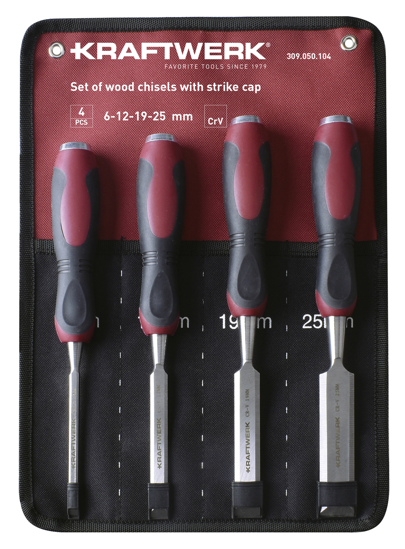 Set of wood chisels with strike cap, 6-12-19-25 mm